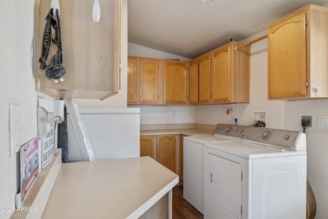 clothes washing area with cabinet space and independent washer and dryer