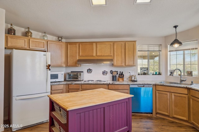 kitchen with a toaster, under cabinet range hood, white appliances, a sink, and wooden counters