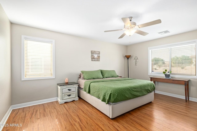 bedroom with ceiling fan and wood-type flooring