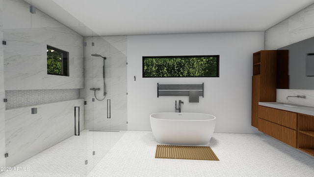 bathroom featuring separate shower and tub, tile patterned floors, and vanity