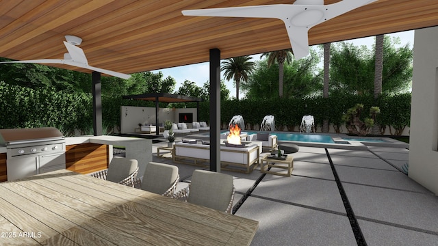 view of patio featuring a fenced in pool, area for grilling, ceiling fan, and an outdoor fire pit