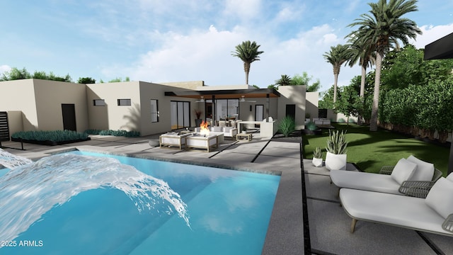 view of swimming pool featuring a patio area and an outdoor living space with a fire pit