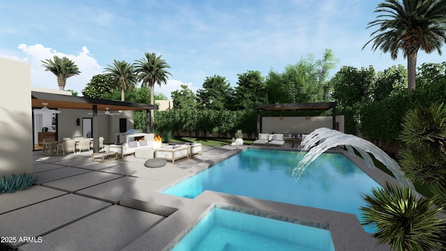 view of swimming pool with a patio area, ceiling fan, and an outdoor living space with a fire pit