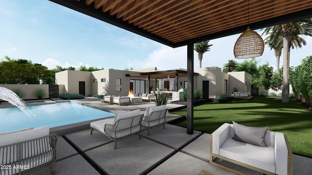 exterior space featuring outdoor lounge area, pool water feature, a patio area, and a lawn