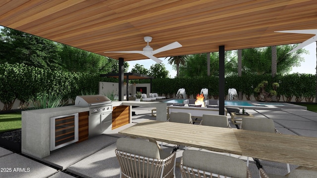 view of patio / terrace featuring a grill, a fenced in pool, ceiling fan, and exterior kitchen