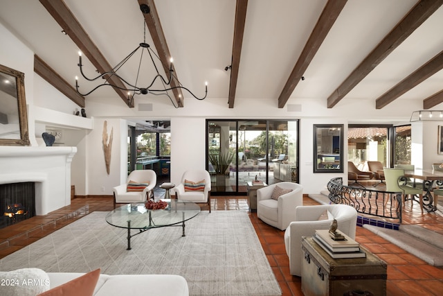 living room featuring beam ceiling, tile patterned flooring, and a chandelier