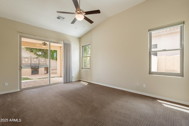 1555 E Monterey St, Chandler, AZ 85225 - spare room with a ceiling fan, carpet, vaulted ceiling, and baseboards