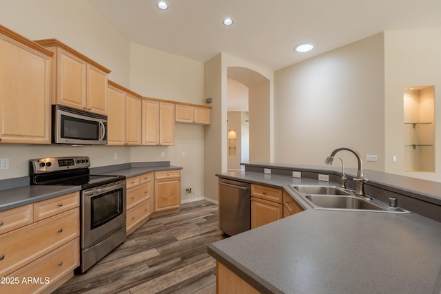 1555 E Monterey St, Chandler, AZ 85225 - kitchen featuring stainless steel appliances, light brown cabinets, dark countertops, arched walkways, and recessed lighting