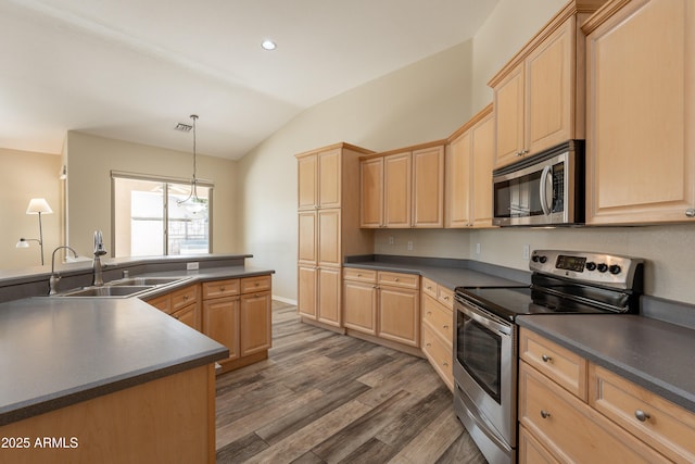 1555 E Monterey St, Chandler, AZ 85225 - kitchen with appliances with stainless steel finishes, light brown cabinets, vaulted ceiling, dark countertops, and a sink