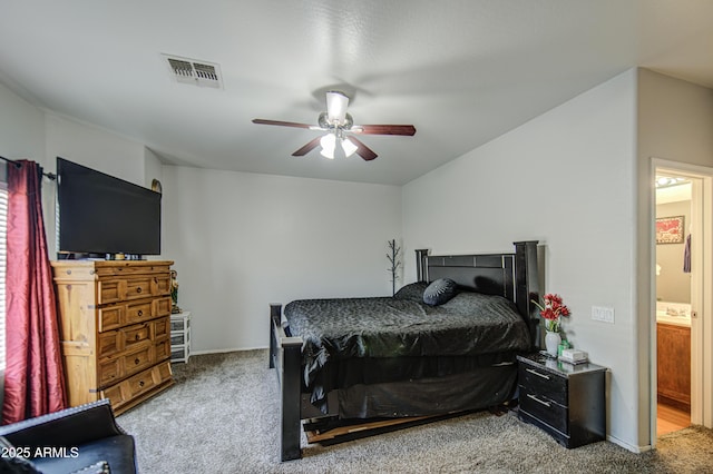carpeted bedroom with visible vents, baseboards, and ceiling fan