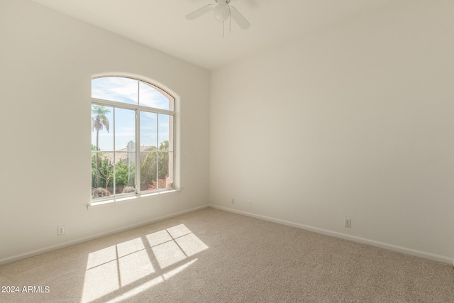 spare room featuring ceiling fan, a wealth of natural light, and light colored carpet