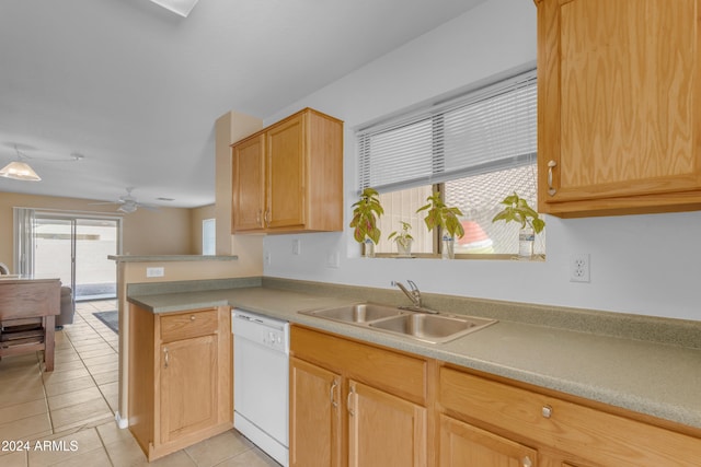 kitchen with ceiling fan, dishwasher, light brown cabinets, sink, and light tile patterned floors