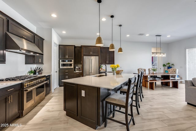 kitchen with under cabinet range hood, a sink, light countertops, dark brown cabinets, and high end appliances