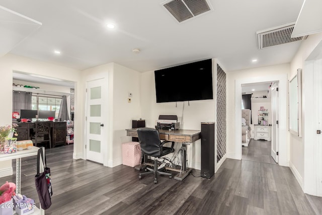 home office featuring visible vents, recessed lighting, and dark wood-style flooring