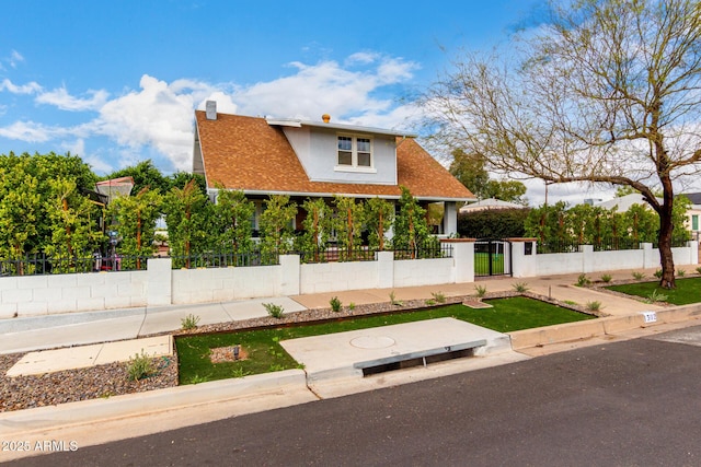 view of front of property with a gate, a fenced front yard, and a chimney