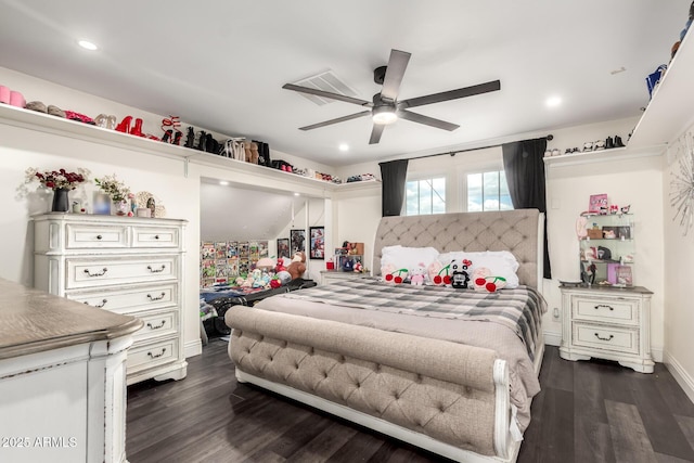 bedroom featuring a ceiling fan, recessed lighting, dark wood-style floors, and baseboards