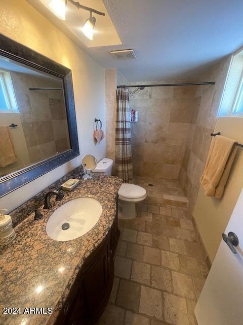 bathroom featuring a shower with shower curtain, vanity, and toilet