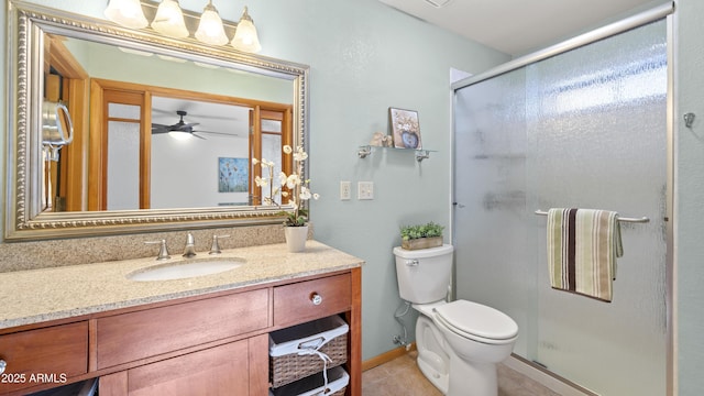 bathroom with ceiling fan, tile patterned flooring, an enclosed shower, toilet, and vanity