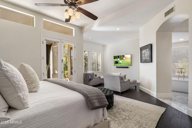 bedroom featuring access to outside, hardwood / wood-style flooring, french doors, and ceiling fan