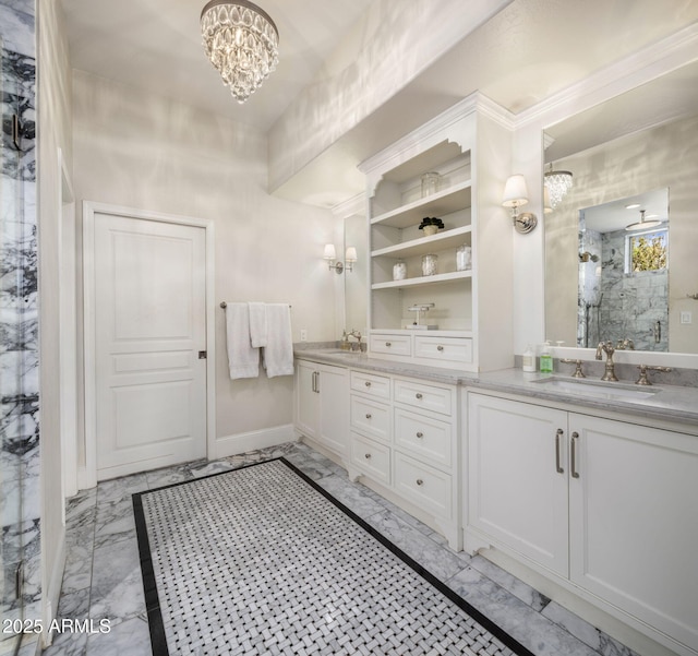 bathroom featuring an enclosed shower, a chandelier, and vanity