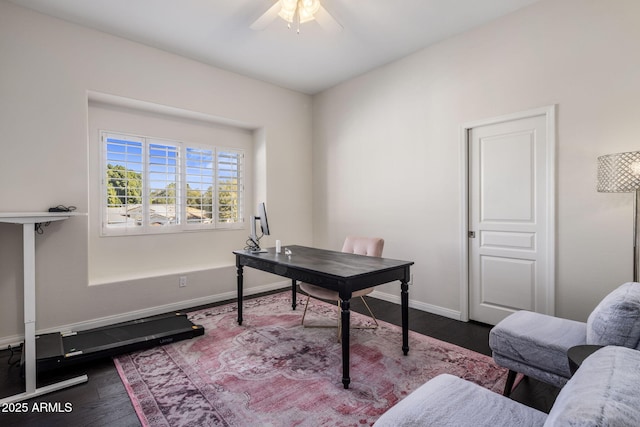 office area with ceiling fan and dark wood-type flooring