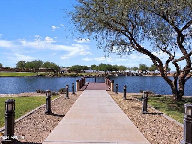 exterior space with a water view