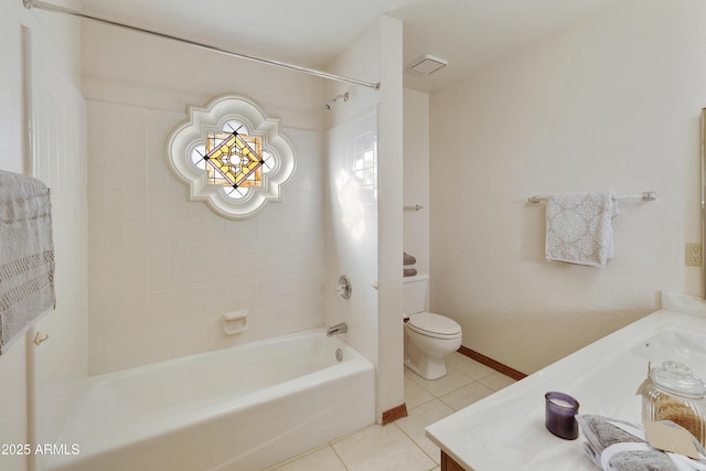 full bathroom featuring tiled shower / bath combo, vanity, tile patterned floors, and toilet