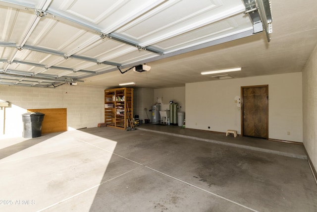 garage with a garage door opener and gas water heater