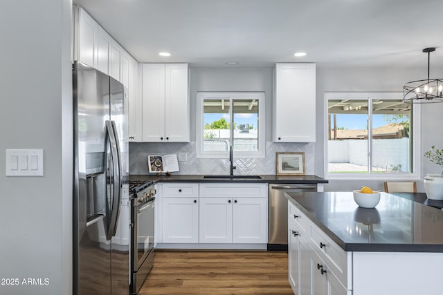 1359 E Nielson Ave, Mesa, AZ 85204 - kitchen with stainless steel appliances, dark countertops, dark wood-style floors, decorative backsplash, and white cabinetry