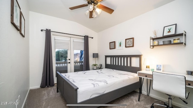 carpeted bedroom with ceiling fan, access to exterior, and lofted ceiling