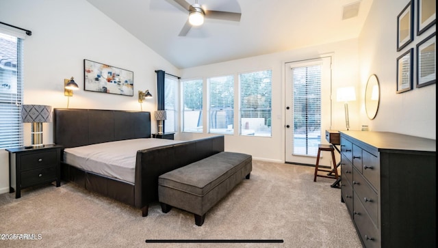 bedroom featuring ceiling fan, access to exterior, light carpet, and lofted ceiling