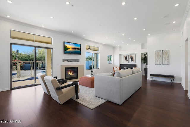 living room featuring ornamental molding and dark wood-type flooring