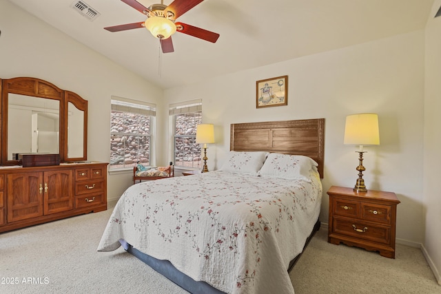 709 W Forest Dr, Payson, AZ 85541 - bedroom with visible vents, lofted ceiling, baseboards, light colored carpet, and a ceiling fan