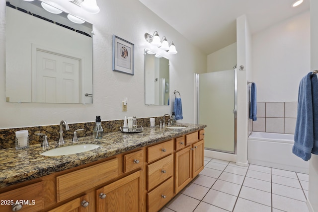 709 W Forest Dr, Payson, AZ 85541 - bathroom with a sink, tile patterned floors, an enclosed shower, and double vanity