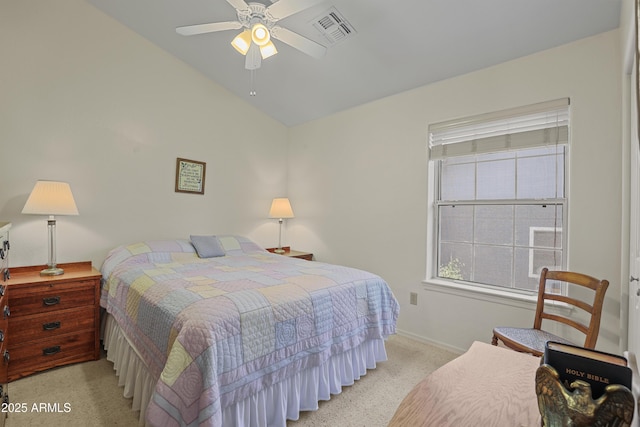 709 W Forest Dr, Payson, AZ 85541 - bedroom featuring visible vents, lofted ceiling, baseboards, light colored carpet, and a ceiling fan