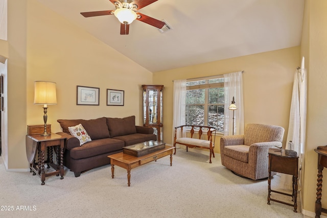 709 W Forest Dr, Payson, AZ 85541 - carpeted living area with a ceiling fan, baseboards, visible vents, and high vaulted ceiling