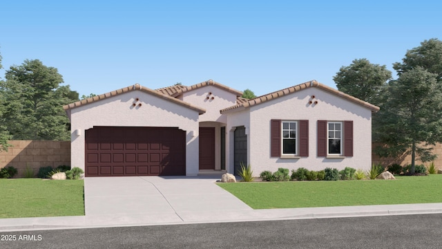 mediterranean / spanish-style home featuring a front lawn, fence, a tiled roof, concrete driveway, and an attached garage