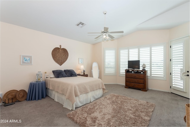 bedroom featuring lofted ceiling, light colored carpet, access to exterior, and ceiling fan