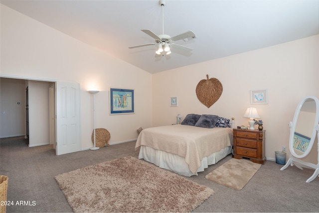 bedroom with ceiling fan, light colored carpet, and lofted ceiling