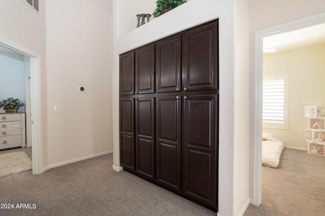 hall with light colored carpet