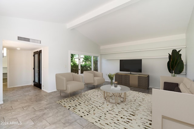 living area with baseboards, visible vents, wood finish floors, high vaulted ceiling, and beam ceiling