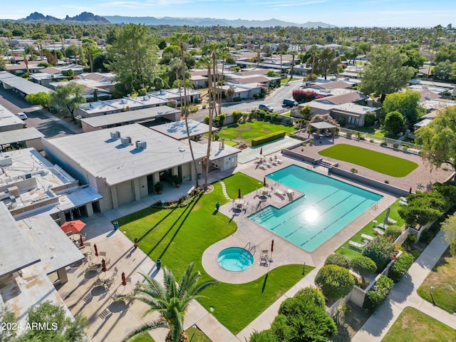 aerial view featuring a residential view and a mountain view