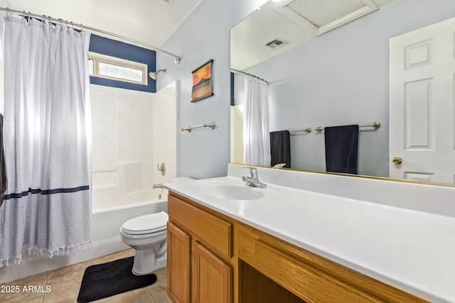 full bathroom featuring toilet, tile patterned floors, shower / tub combo with curtain, and vanity