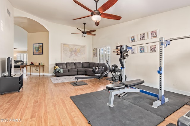 exercise room with ceiling fan and wood-type flooring