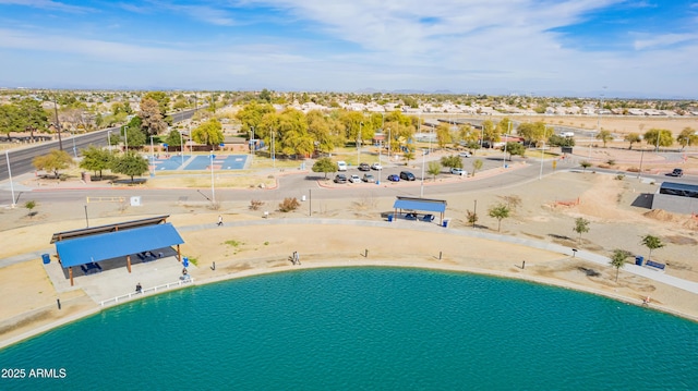 aerial view featuring a water view