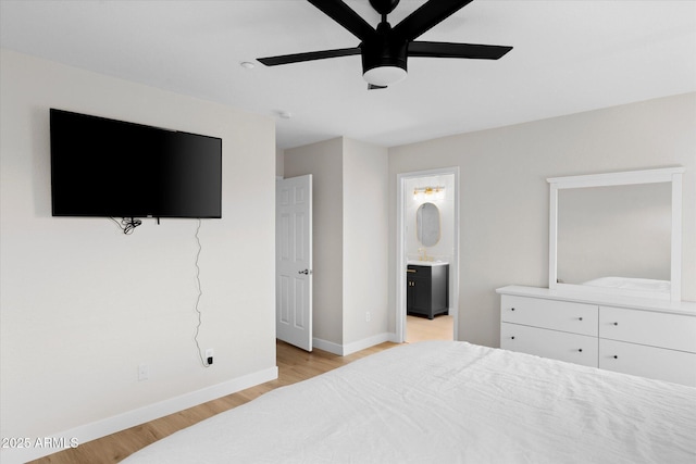 35360 N 93rd Way, Scottsdale, AZ 85262 - bedroom with light wood-style flooring, baseboards, connected bathroom, and a ceiling fan