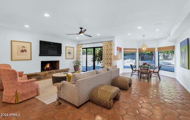 living room with ceiling fan