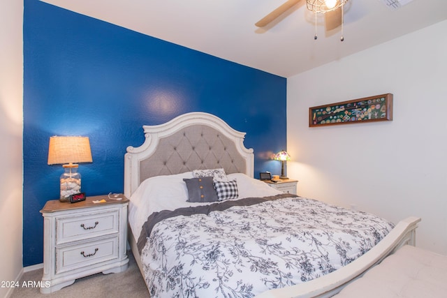 bedroom featuring carpet floors, ceiling fan, and baseboards