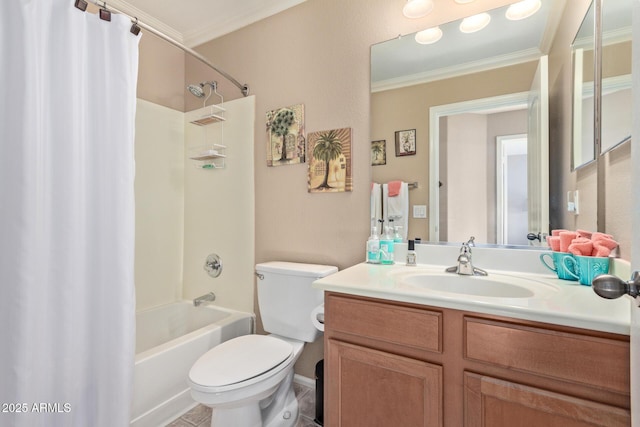 full bathroom with crown molding, vanity, shower / tub combo, and toilet