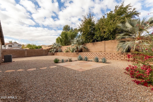 view of yard featuring central AC and a patio area